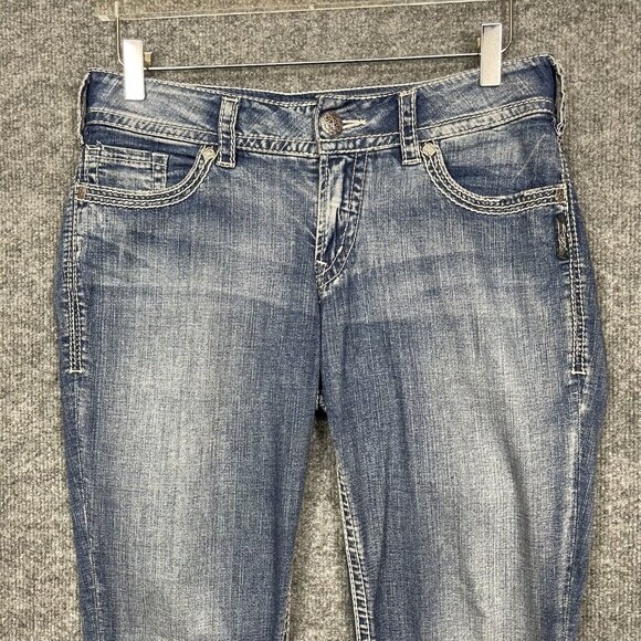 Silver Jeans Womens 28W Blue Suki Surplus Capri Embroidered Flap Pockets Stretch - Picture 2 of 16